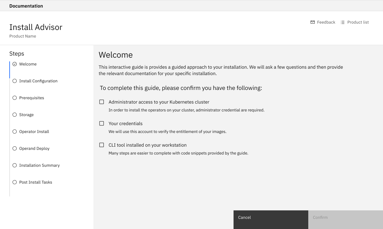 High-fidelity design of a generated install guide: a prerequisites step with three timed tasks, each with a begin button, and a step list tracking progress on the left.