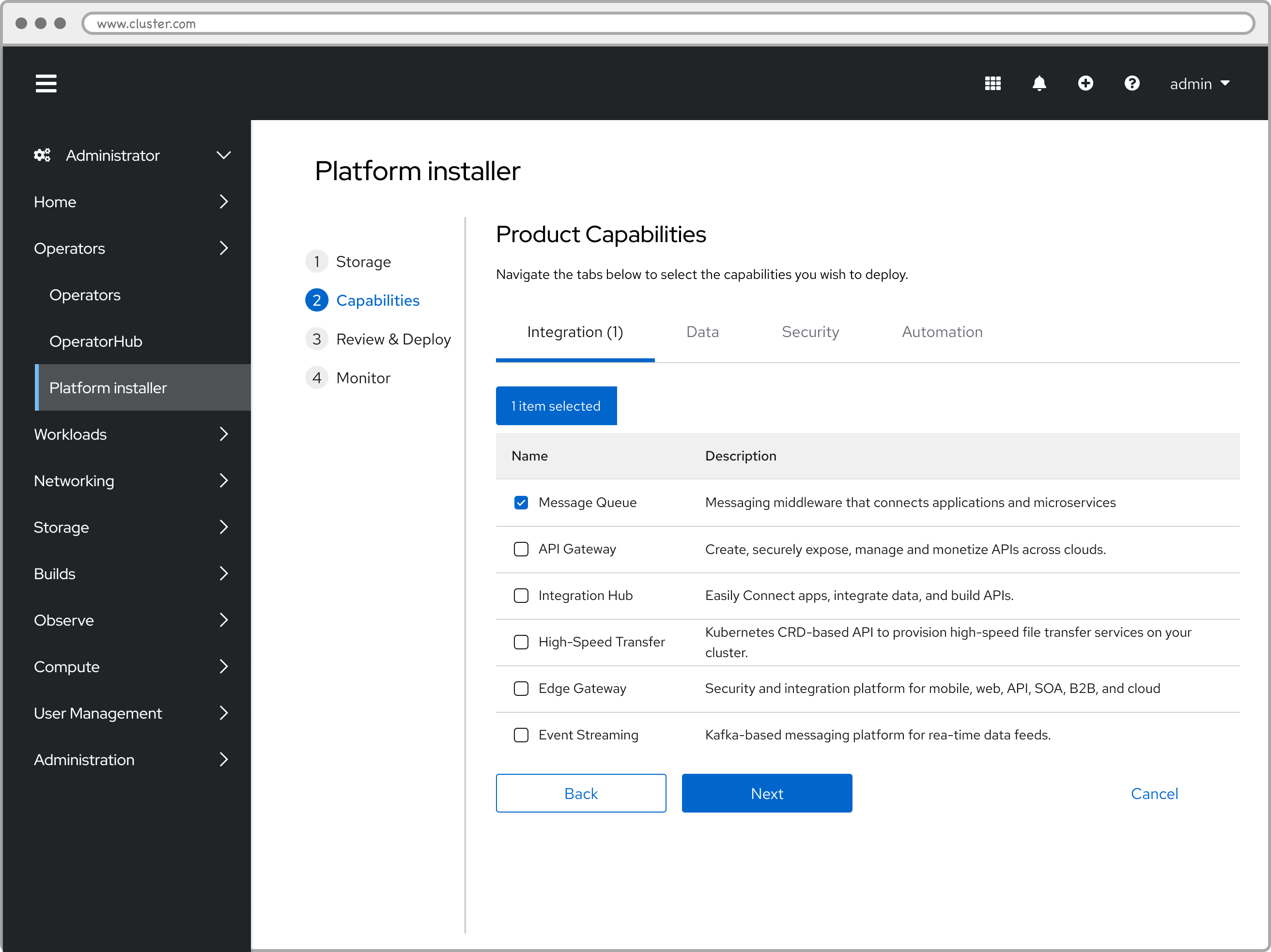 The Platform Installer running inside the container platform's console, listed in the left navigation under Operators alongside OperatorHub. A four-step rail reads storage, capabilities, review and deploy, monitor. The capabilities step shows tabs per product with a table of capabilities, each with a plain description, selected by checkbox, with a running count of items selected.